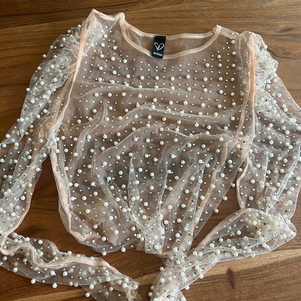Pearl and Rhinestone Sheer Crop Top